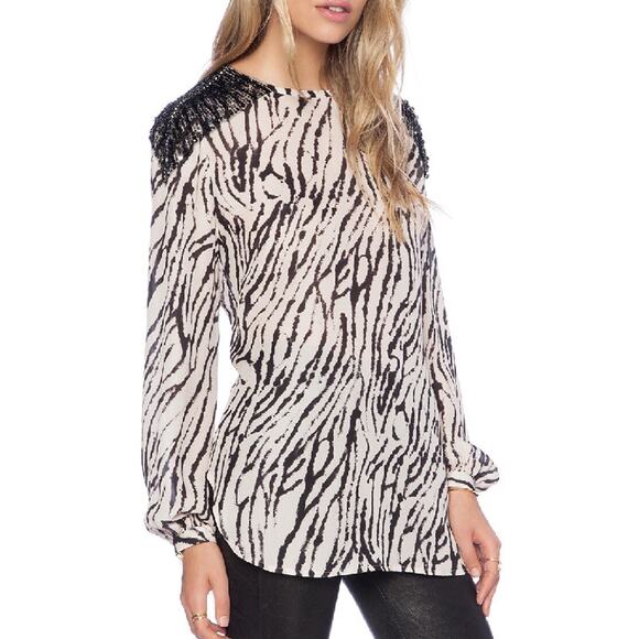 Haute Hippie Small S Silk Zebra Printed Long Sleeve Blouse Sequin Buff Black - Picture 15 of 15